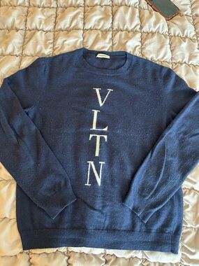 Valentino Navy VLTN Vertical Logo Crewneck Sweater